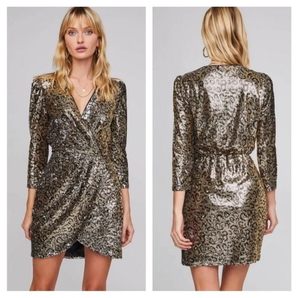 ASTR Selene Leopard Print Sequin Mini Dress Gold Black Wrap Mobwife‎ Size Small